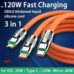 120W 6A Cable de carga rápida tipo C Micro3 en 1 Cable de carga Micro USB para iPhone Samsung Huawei Xiaomi Cable USB para cargador de teléfono