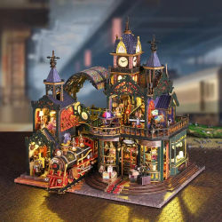Kits de Construcción de Miniaturas de Madera DIY, Casas de Muñecas con Vías de Tren, Ciudades Encerradas, con Muebles, Casas de Muñecas Mágicas para Regalos de Amigos