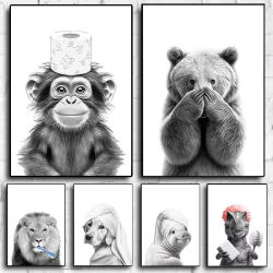 Póster de animales de baño juguetón Retro en blanco y negro, gato, perro, elefante, mono, muebles impresos en lienzo, inodoro, decoración de baño