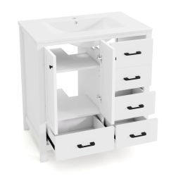 Mueble de baño independiente de color blanco, de 76x46x82 cm, con lavabo de cerámica y estantes ajustables.