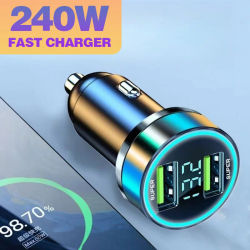 Cargador de Coche Digital de 240W con 2 Puertos USB, Carga Rápida QC3.0 y PD50W, Adaptador para Encendedor de Cigarrillos