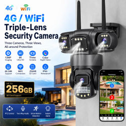 Cámara 4G/WIFI de 256 GB con Tarjeta SIM, 12MP, 6K, Tres Lentes, Monitor de Tres Pantallas, Visión Nocturna, Protección de Seguridad, Videovigilancia