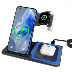Estación de carga inalámbrica LED 3 en 1 para iPhone 17 16 15 14 13 12 Pro Max Samsung Apple Watch 11-2 AirPods 3/2 base de carga rápida