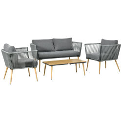 Outsunny Juego de Muebles de Jardín de Ratán 4 Piezas Juego de Conversación Incluye Sofá de 2 Plazas 2 Sillones y Mesa y Plástico Cojines