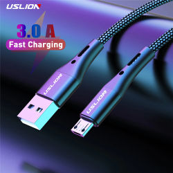 USLION-Cable Micro USB negro de carga rápida para Xiaomi, Cable de datos de teléfono móvil Android para Samsung, cables de cargador Micro USB de 3M/2M