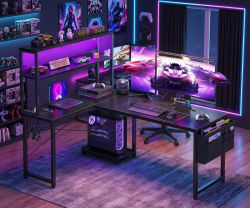 Mesa de Juego en Forma de L HAUSPROFI, Escritorio Esquinero con LED, Tomacorriente y Puerto de Carga USB, Ahorro de Espacio con Cajón y Soporte para Monitor, PC