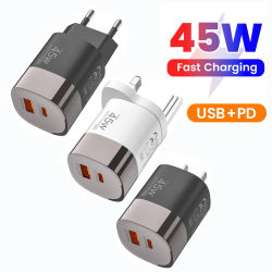 Cargador USB tipo C de 45W, 2 puertos PD, carga rápida para teléfono móvil, cargador de pared USB EU/UK/US, QC3.0, supercarga para iPhone, Samsung, Poco