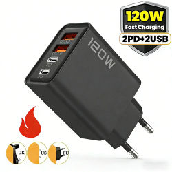 Cargador rápido de 120W tipo C con Quick Charge 3.0, cable adaptador USB para Xiaomi, Samsung, iPhone, 2 puertos PD, 4 puertos, enchufe EU/US