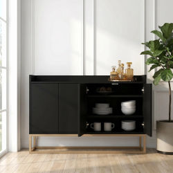 Comanlai Mueble de Comedor de Madera de 120×30×80 cm, Moderno Mueble con 4 Puertas y Cajones, con Patas de Metal Doradas, para Dormitorio o Sala de Estar, Negro/Blanco/Azul