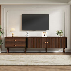 Mueble para TV de 180x40x46.5 cm con aspecto de nogal, mueble bajo para TV de 80 pulgadas, 2 cajones, 2 puertas enrollables, 8 pies, moderno, para sala de estar.