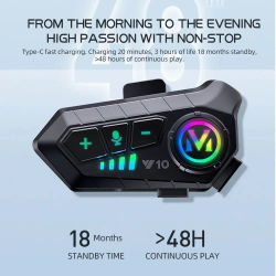 Auriculares para Casco de Motocicleta Y10, Control de Voz Estéreo, Bluetooth 5.3, Llamadas con Manos Libres, IPX6 Impermeable, 1000mAh con Luz Ambiental