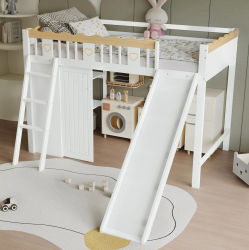 Cama alta infantil con tobogán, armario y mueble de almacenamiento debajo de la cama, pino + MDF + madera contrachapada, blanco y natural, 90x200 cm