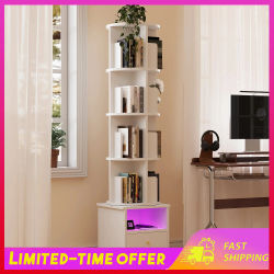 Estantería Giratoria de Madera con Iluminación LED Bluetooth, Cajón Individual, 4 Niveles, Ruedas, Ideal para Estudio, Sala de Estar, Muebles
