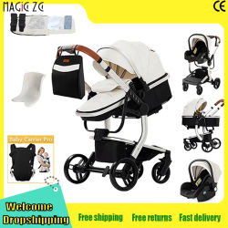 Cochecito de Lujo 3 en 1 de Cuero PU Impermeable para Bebés Recién Nacidos con Asiento de Auto, Cochecito Portátil de Viaje, Carrito Plegable