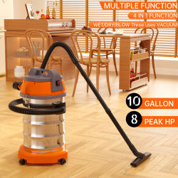 Aspiradora en Seco y Húmedo de 10 Galones y 8.0 HP con Función de Soplado, Aspiradora Industrial de Acero Inoxidable para Taller, Lavado de Autos, Alfombras