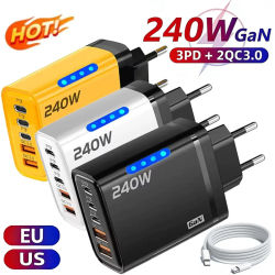 Cargador de escritorio USB C 5 en 1 GaN de 240W con carga rápida, adaptador para teléfono, cable trenzado tipo C para iPhone, Samsung, Xiaomi, con enchufe EU/US.