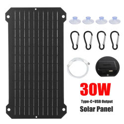 Panel Solar monocristalino portátil de 30W, salida USB + tipo C, cargador para exteriores, Banco de energía para Camping, teléfono, tableta, cámara, ventiladores