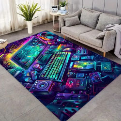 Alfombra de Franela Cyberpunk para Juegos, Alfombra de Neón para Teclado y Ratón de Esports, Tapete Antideslizante para Dormitorio y Sala de Estar