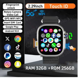 DW100 Pro Android Smartwatch Control de desbloqueo de huellas dactilares reloj inteligente 256GB ROM descarga gratuita aplicación WIFI GPS cámara 2,29 pulgadas Amoled