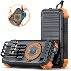 Banco de Energía Solar de 50000mAh con Manivela, Cargador Portátil de Emergencia para Exteriores con 4 Cables Integrados, Linterna LED Dual