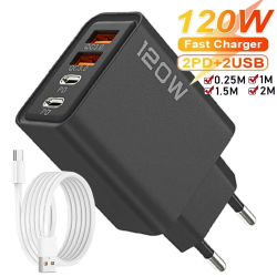 Cargador USB de 4 puertos Total 120W carga rápida enchufe UE/EE. UU./Reino Unido cargador de pared adaptador de corriente para teléfono móvil Cable tipo C de carga de teléfono