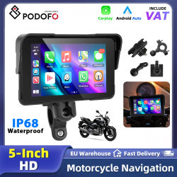 Reproductor de Pantalla Inteligente para Motocicleta Podofo de 5 Pulgadas, Monitor Impermeable IP68, Compatible con Carplay, Android Auto, Conexión BT, Brillo Ajustable, Pantalla Multimedia para