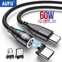 AUFU 540 rotación 60W Cable USB tipo C magnético de carga rápida para Macbook Xiaomi Samsung cargador Micro imán Cable de datos de teléfono
