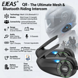Intercomunicador Bluetooth EJEAS Q8 para 2 Cascos de Moto, intercomunicador de motocicleta Sistema de Intercomunicación Bluetooth para Casco de Motocicleta, Auriculares Bluetooth para