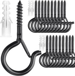 Paquete de 20 ganchos de tornillo para colgar plantas/luces de cadena, gancho de ojo negro de alta resistencia de 2,2 pulgadas, gancho de techo con taza de tornillo, colgador Q