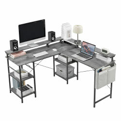 Escritorio en forma de L, escritorio esquinero con enchufes y USB, mesa para juegos con tira de LED RGB, escritorio para computadora con soporte para monitor, mesa de trabajo, escritorio grande para