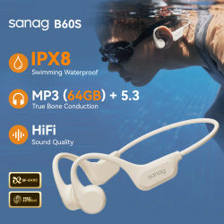 Auriculares de Conducción Ósea Sanag B60S, IPX8, Bluetooth, Inalámbricos, para Natación, con Micrófono, 32GB/64GB MP3