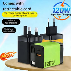 Cargador GaN 3 en 1 de 120W con USB Tipo C, adaptador de carga rápida para teléfono con cable USB C retráctil y enchufe de pared para iPhone y Huawei