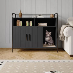 Mueble para Arenero de Gatos Oculto con 2 Compartimentos de Almacenamiento, Tapete Rascador, Gabinete de Doble Puerta, Entrada Frontal, Elegante Marco Metálico, Baño para Gatos, Mesa Auxiliar Lateral,