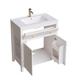 Mueble de Baño Blanco de 81x46.5x86.5 cm con Lavabo de Cerámica, 1 Cajón y 1 Puerta, Cierre Suave, Diseño Moderno Independiente