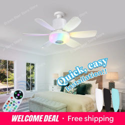 Ventiladores de Techo E27 con Cambio de Color RGB, Control Remoto, Bluetooth, Música, Temporizador, 32W, Luz LED para Dormitorio y Cocina