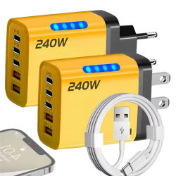 Cargador de escritorio GaN 5 en 1, adaptador de carga rápida de 240W, Cable USB a tipo C de 10A, cargador USB 3PD 2 para ordenador portátil IPhone 16 15pro