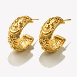 E.B.belle-pendientes de aro gruesos con diseño de luna, sol y estrella en relieve, joyería de acero inoxidable