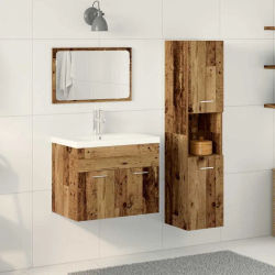 Conjunto de muebles de baño de 4 piezas en color marrón con estantería, lavabo, armario y espejo en madera de ingeniería