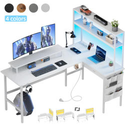 FRODROVIA Escritorio para juegos en forma de L de 150/170 cm, escritorio reversible para computadora con toma de corriente, escritorio de oficina esquinero con estantería y soporte para monitor