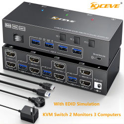 Conmutador KVM de monitor dual USB 3.0 Conmutador KVM HDMI 2 monitores 3 computadoras, emulador EDID, 4K@60Hz 2K@144Hz con 4 puertos USB 3.0