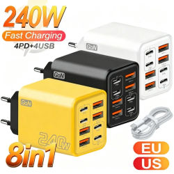 Cargador de escritorio USB C GaN 8 en 1, adaptador de carga rápida de 240W, Cable tipo C para iPhone, Samsung, Xiaomi, cargador con enchufe EU/US/UK