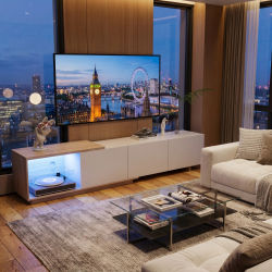 Comanlai Mueble para TV Blanco de 240x38x44cm con Luces LED con Sensor de Movimiento y 3 Cajones, un Moderno Centro de Entretenimiento.