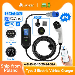 AFYEEV 32A 7.2KW cargador EV portátil Type2 IEC62196-2 cargador de vehículo eléctrico Cable de carga EVSE Wi-Fi Bluetooth Control de aplicación
