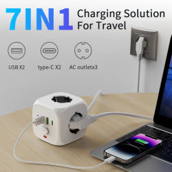 Extensor de toma de corriente de pared con línea de extensión de 2 metros, 3 salidas de CA, 2 puertos USB y 2 tipos C, interruptor de cargador de enchufe de la UE 7 en 1
