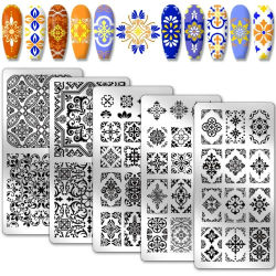 Plantillas para decoración de uñas con patrón de azulejos de mosaico, placa de estampado de caleidoscopio, 52 patrones, plantillas para decoración de uñas de flores y plantas de acero inoxidable, 5