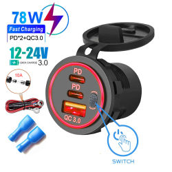 Cargador rápido QC3.0 + PD, enchufe para cargador de coche, 78W, doble puerto USB tipo C, adaptador de corriente de tres puertos con interruptor Universal resistente al agua