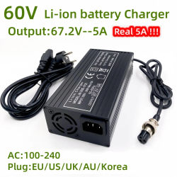 Cargador de carga rápida 67.2V5A 5A para carretilla de 60V harley 16S 60V batería de litio conector GX16 con ventilador carcasa de Metal