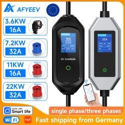 Cargador de Vehículos Eléctricos AFYEEV 16A/32A Tipo 2, Cargador Portátil Tipo 2 IEC62196-2 para Automóviles Eléctricos, Control por WIFI, Aplicación y Bluetooth, 3.6KW/7.2KW/11KW/22KW