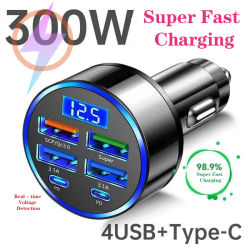 Cargador de coche de 300W y 6 puertos con carga rápida PD/QC/SCP/FCP/AFC/PSS, encendedor de cigarrillos para coche con carga rápida y pantalla digital PARA TELÉFONOS