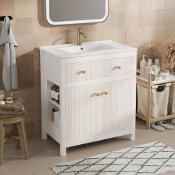 Mueble de Baño Blanco de 81x46.5x86.5 cm con Lavabo de Cerámica, 1 Cajón y 1 Puerta, Cierre Suave, Diseño Moderno Independiente